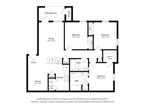 Floor plan for 3 beds, 2 baths, 1100 sqft